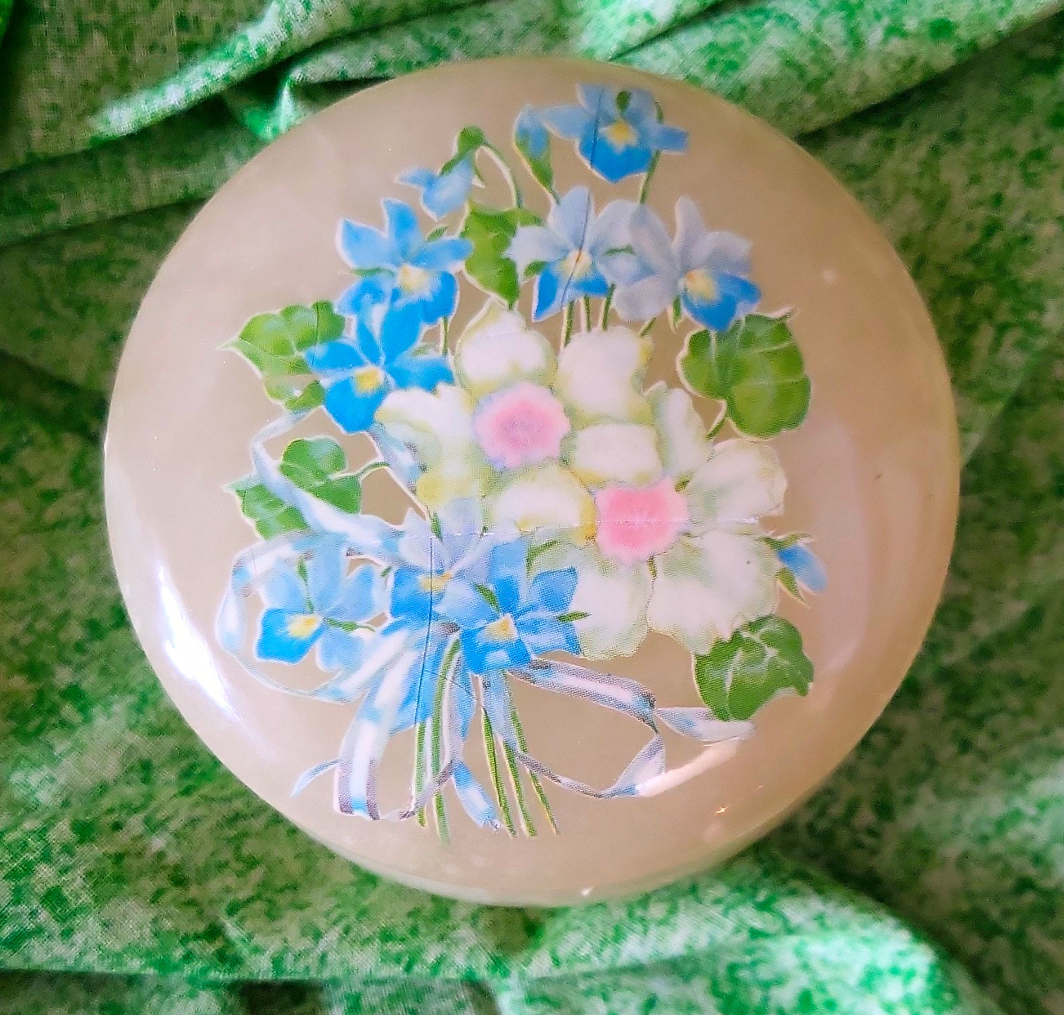 Vintage Italian Alabaster Round Trinket Jewelry Box, Floral Lid, Italy