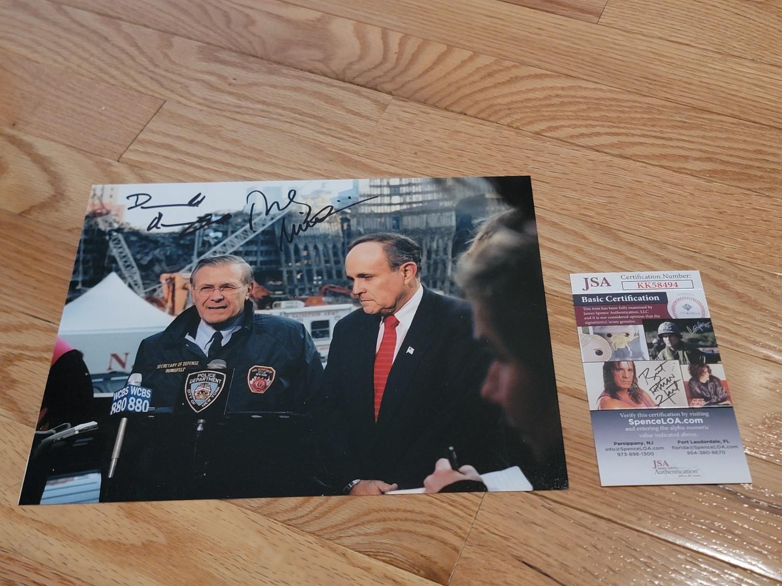 9/11 Ground Zero - DUAL SIGNED 8x10 by Donald Rumsfeld & Rudy Giuliani - JSA COA