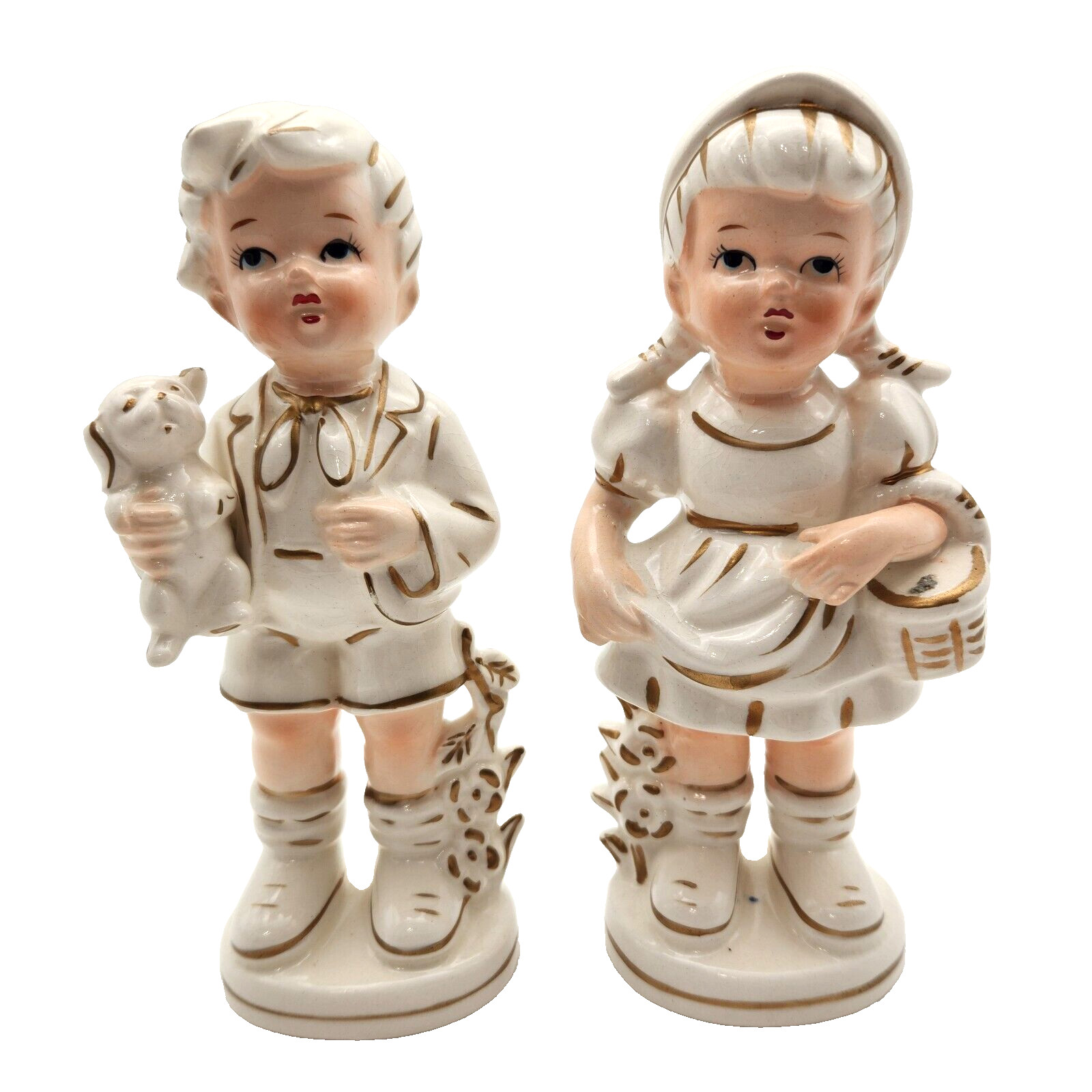 Vintage TII Boy with Dog Girl Basket Figurines Gold Trim Japan Porcelain
