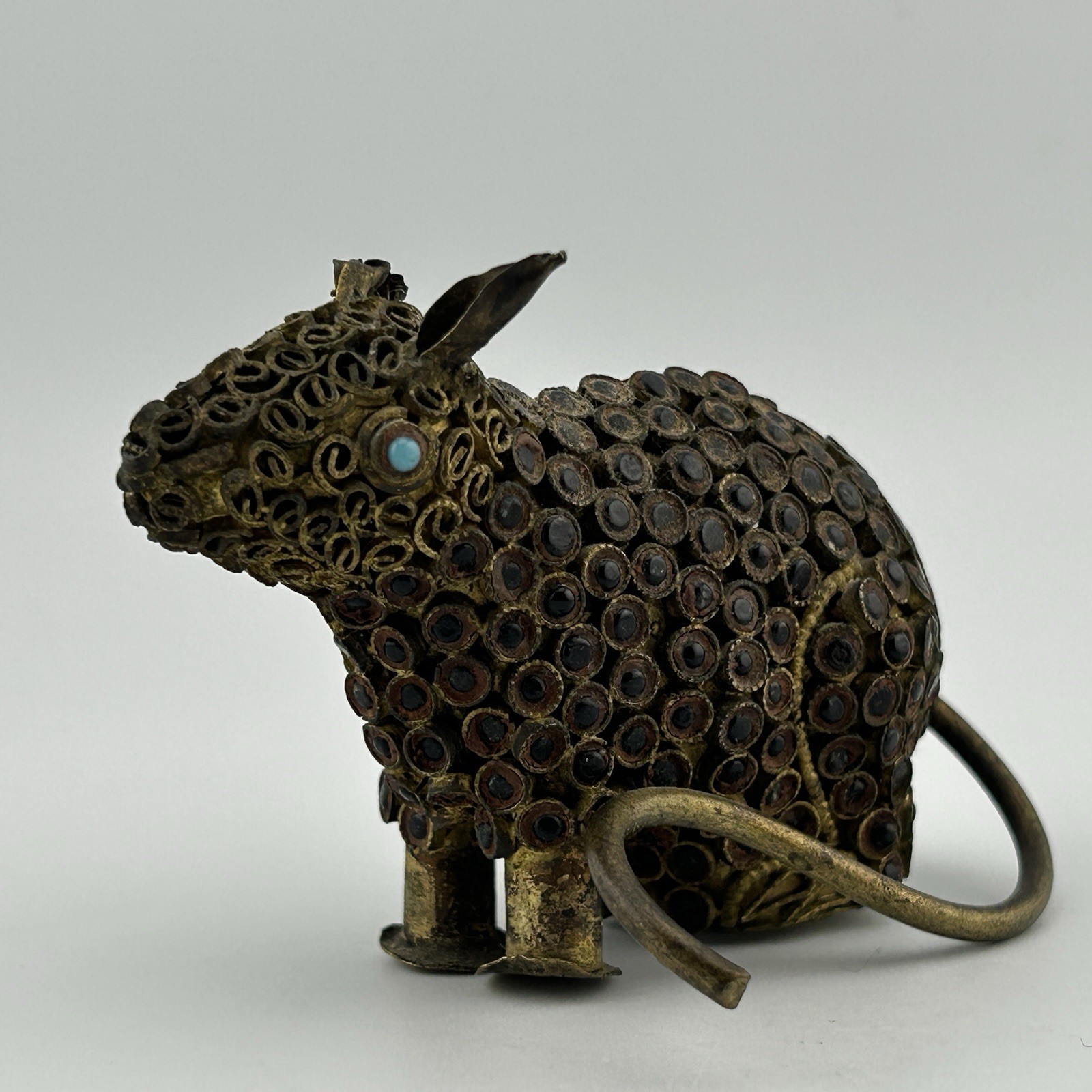Tibetan Nepalese Brass Filigree Mouse Figurine Hematite Inlay Turquoise Eyes VTG
