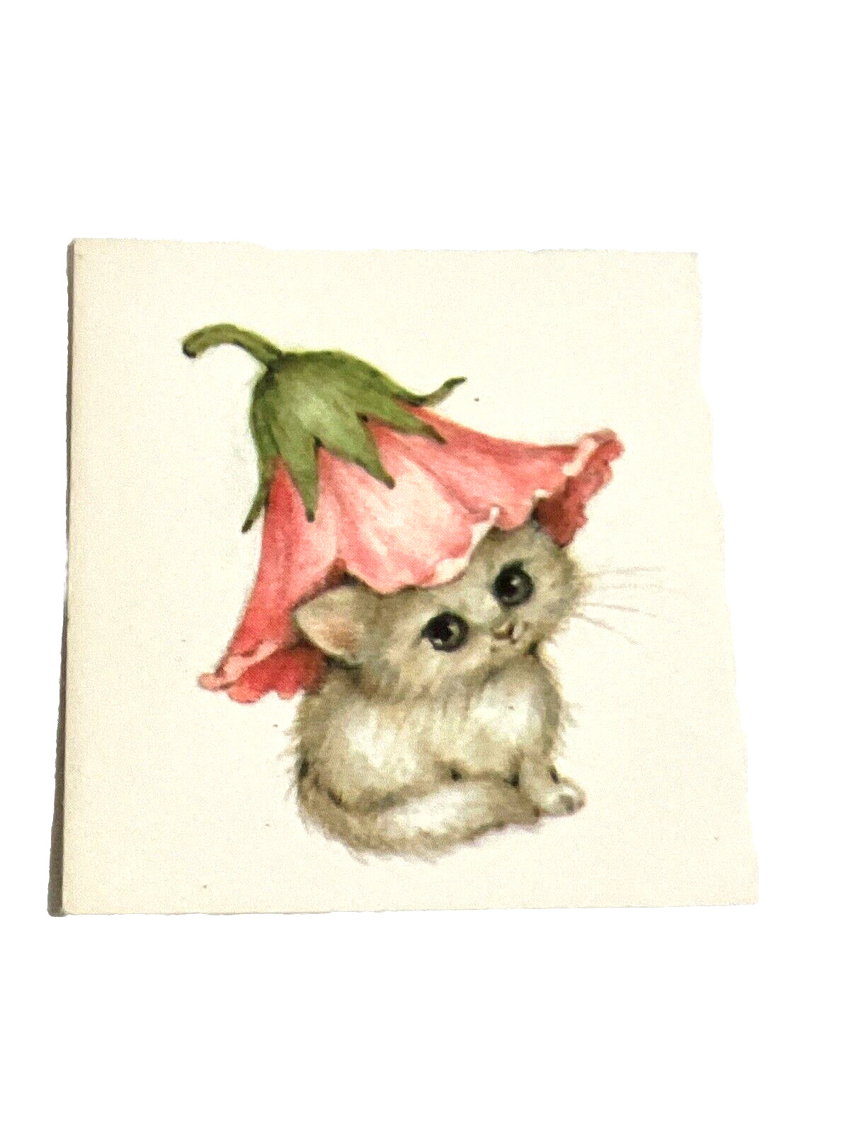RARE VTG Hallmark CUTE KITTY CAT PINK FLOWER HAT  MINI Greeting Card 15GE7019