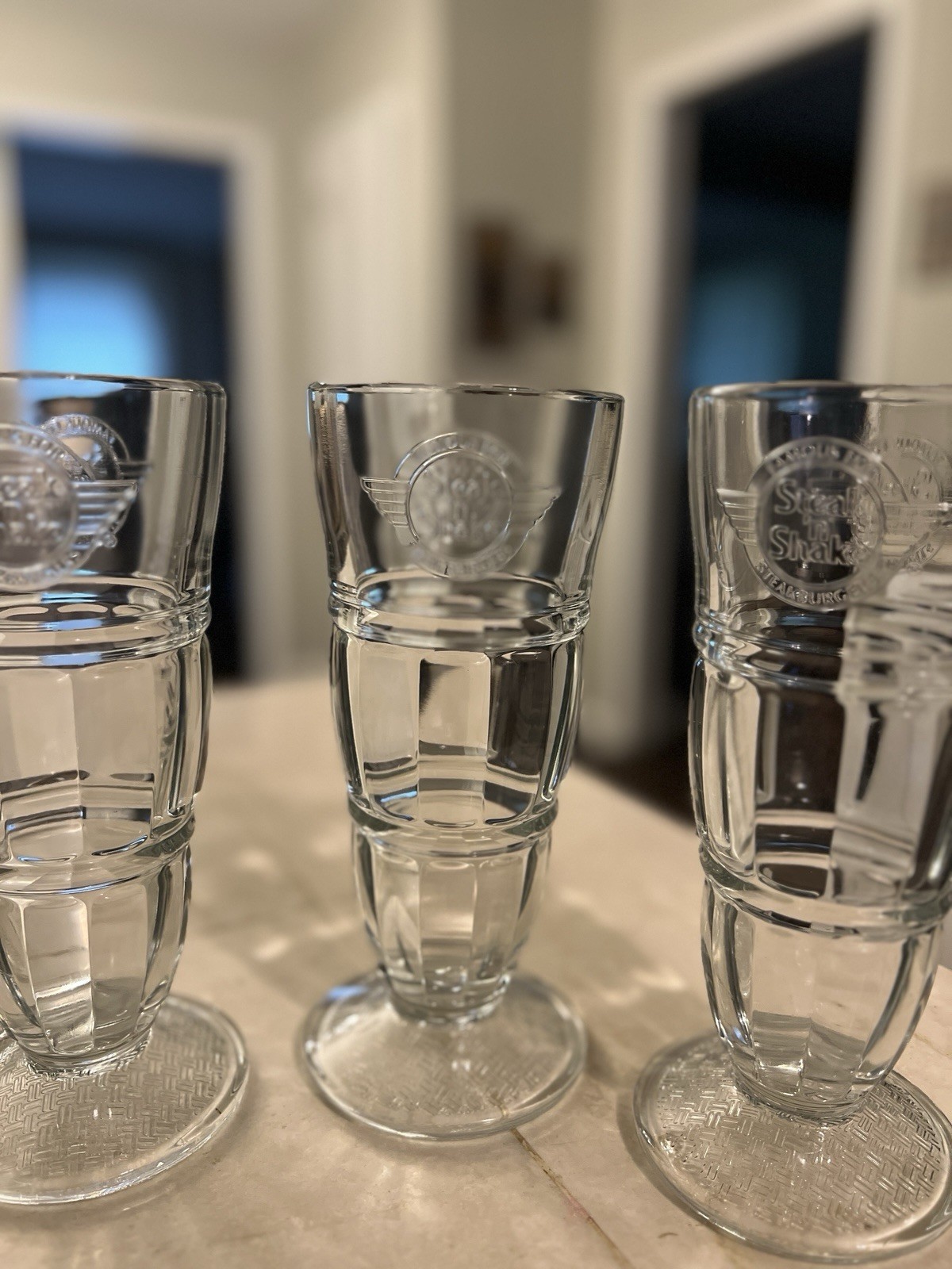 NEW 4 Steak’n Shake Restaurant Glass Milkshake Glasses Set Heavy Embossed 8.5” NEW 4 Steak’n Shake Restaurant Glass Milkshake Glasses Set Heavy Embossed 8.5”