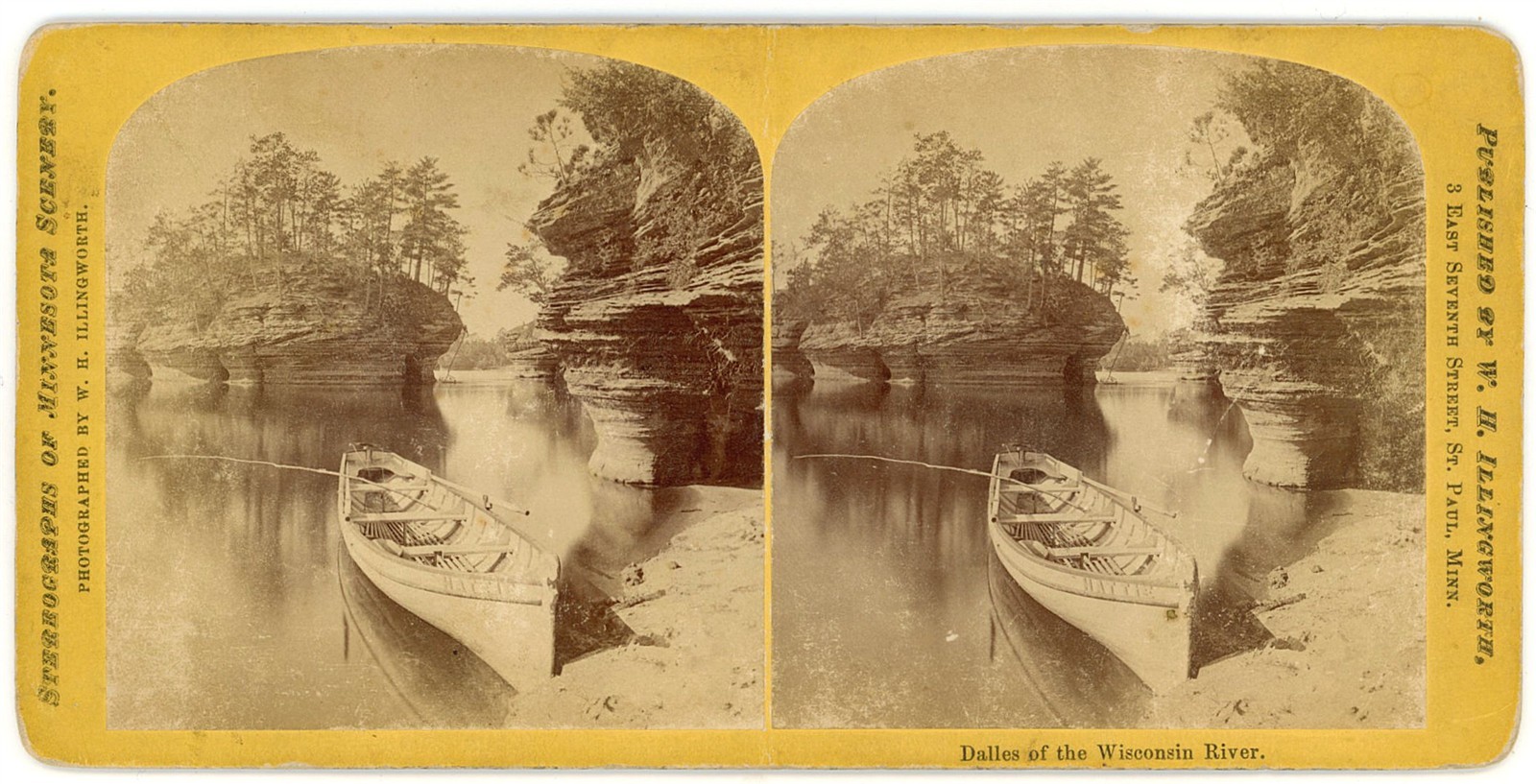 WISCONSIN DELLS STEREOVIEW - Canoe on River Shore - WH Illingworth 1870s
