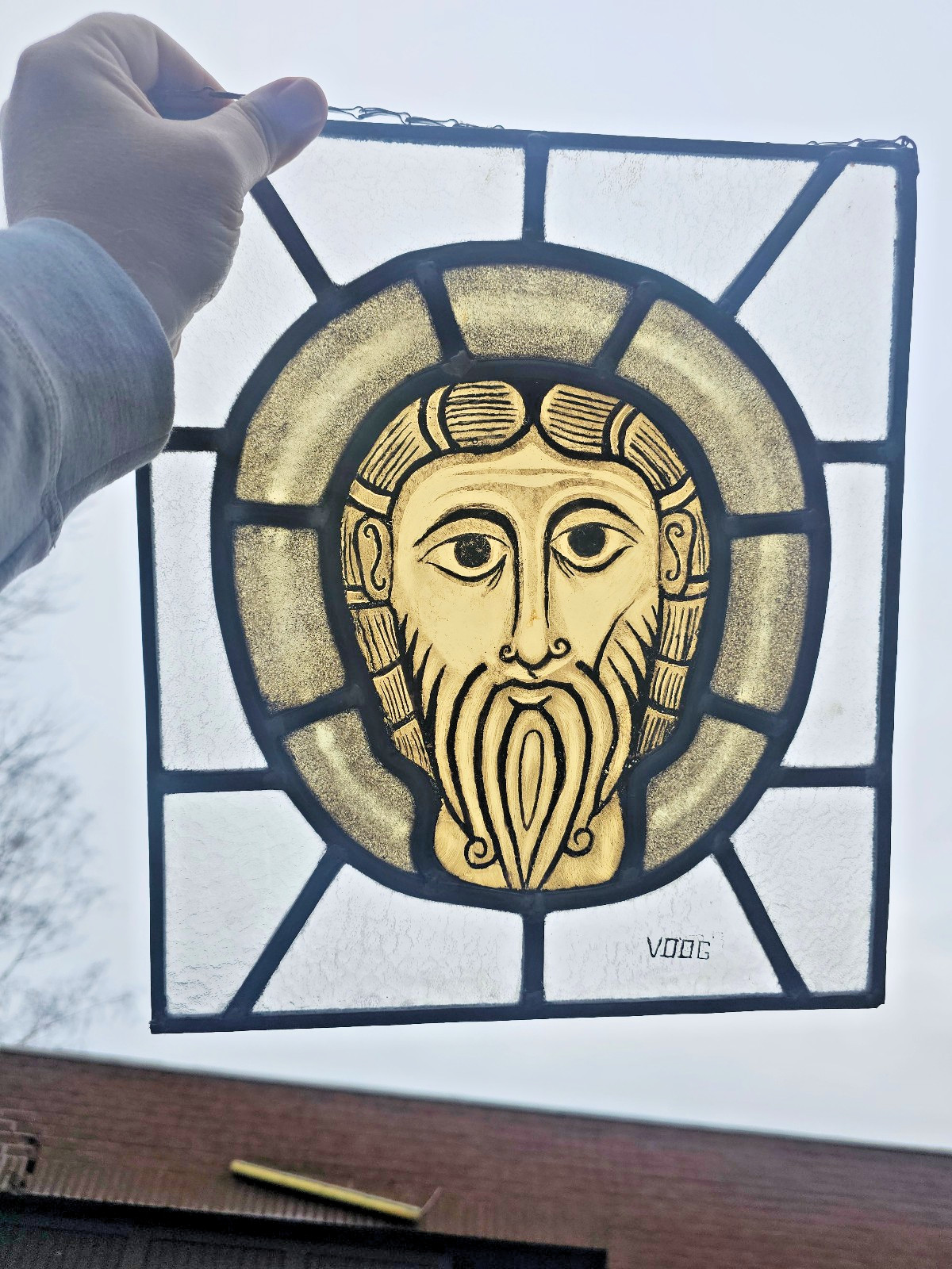 Vintage Stained glass panel christ portrait religious