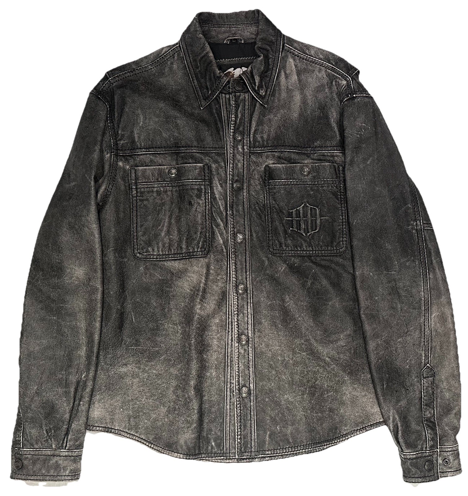 HARLEY DAVIDSON LEATHER MOTORCYCLE SHIRT JACKET MENS L SNAP LOGO BUTN DISTRESSED