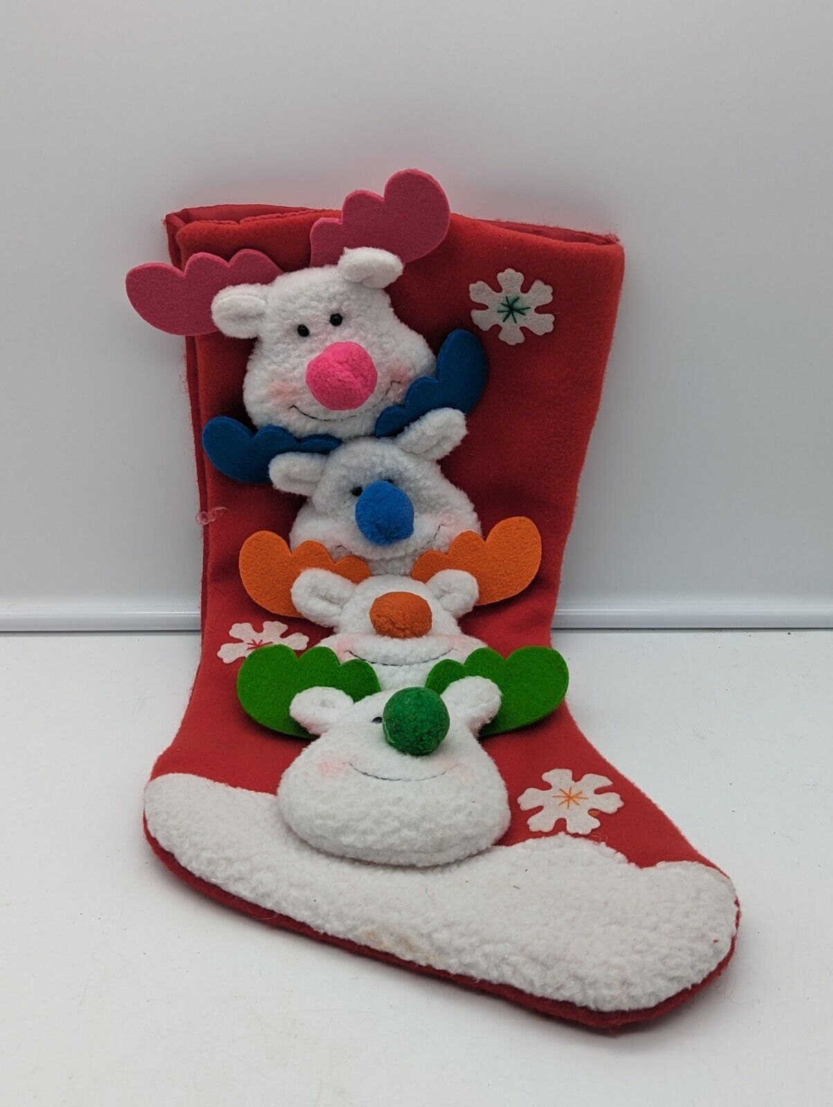 Dan Dee Vintage Stacked Reindeer Faces Stocking Bright Colors Red - Rare Find