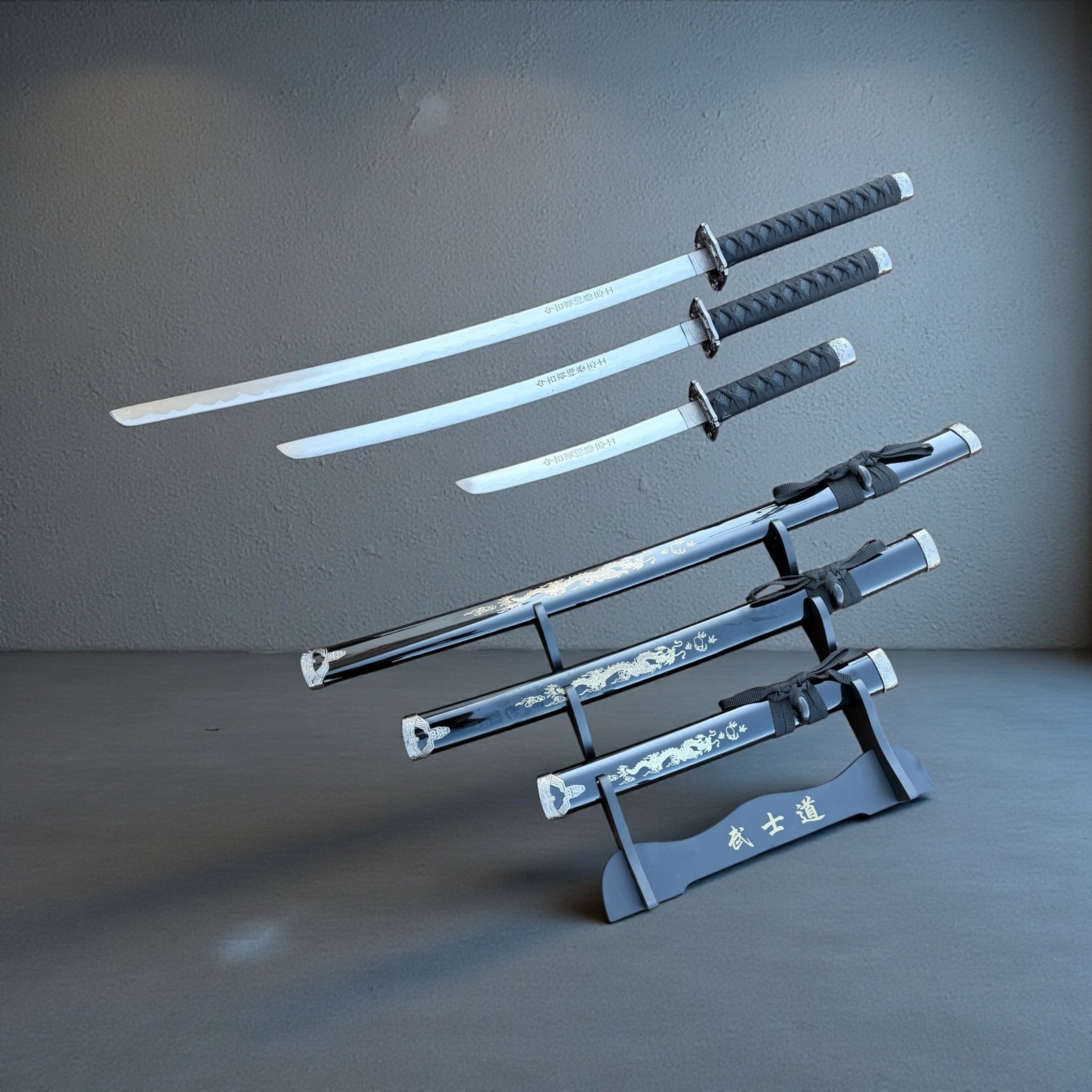 3Pc Black Dragon Design Samurai Katana Swords Set Ninja Style with Display Stand