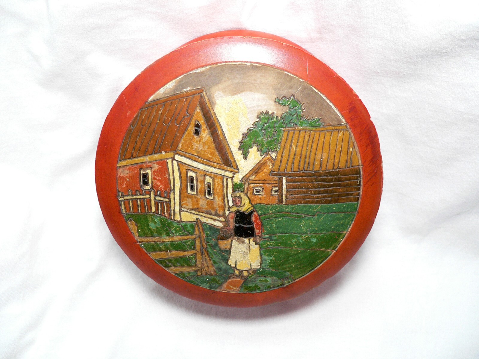 Russian Red Lacquered Round Wooden Box - Peasant Woman Outdoor Scene