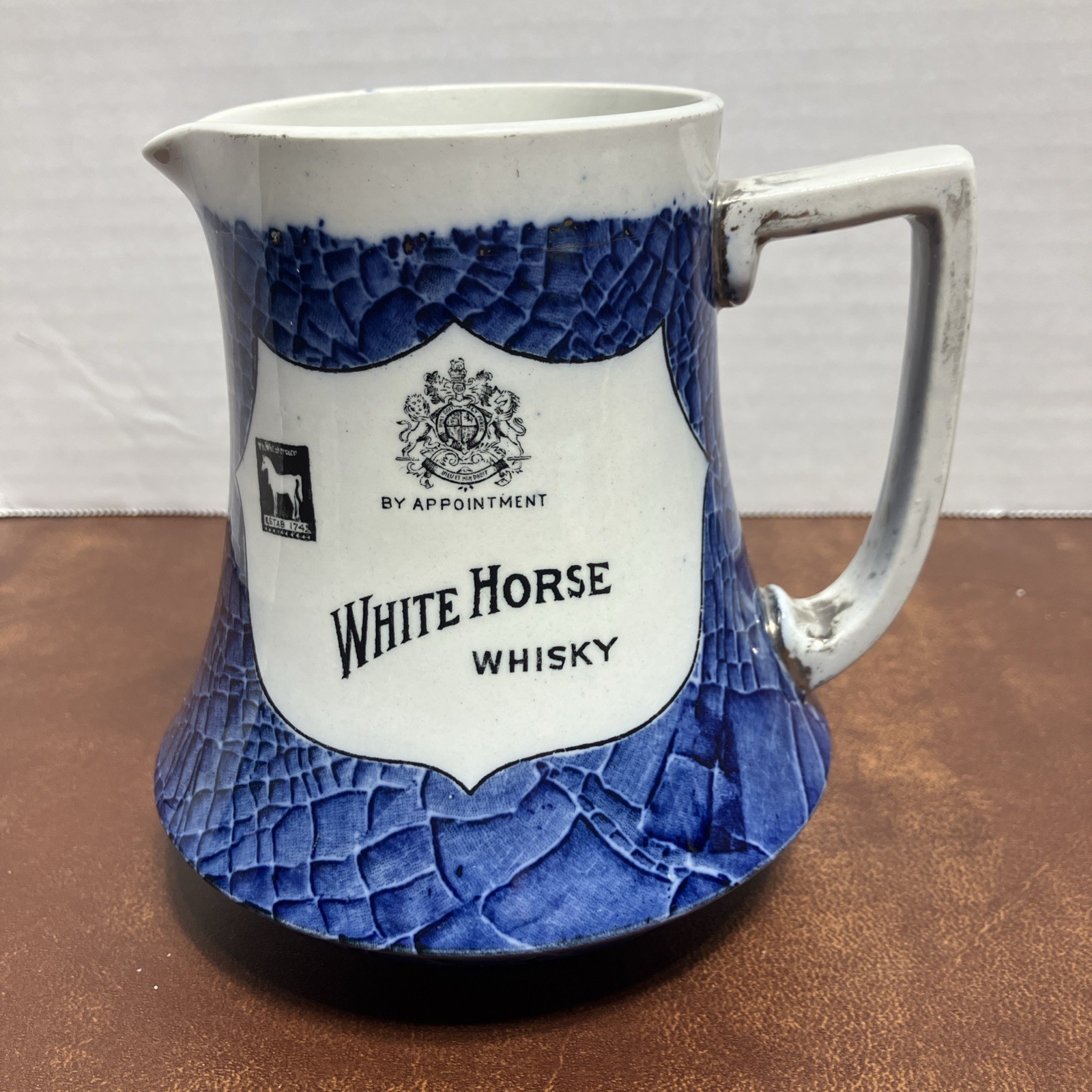 Rare 1901-02 Blue Shelley White Horse Whisky Pitcher