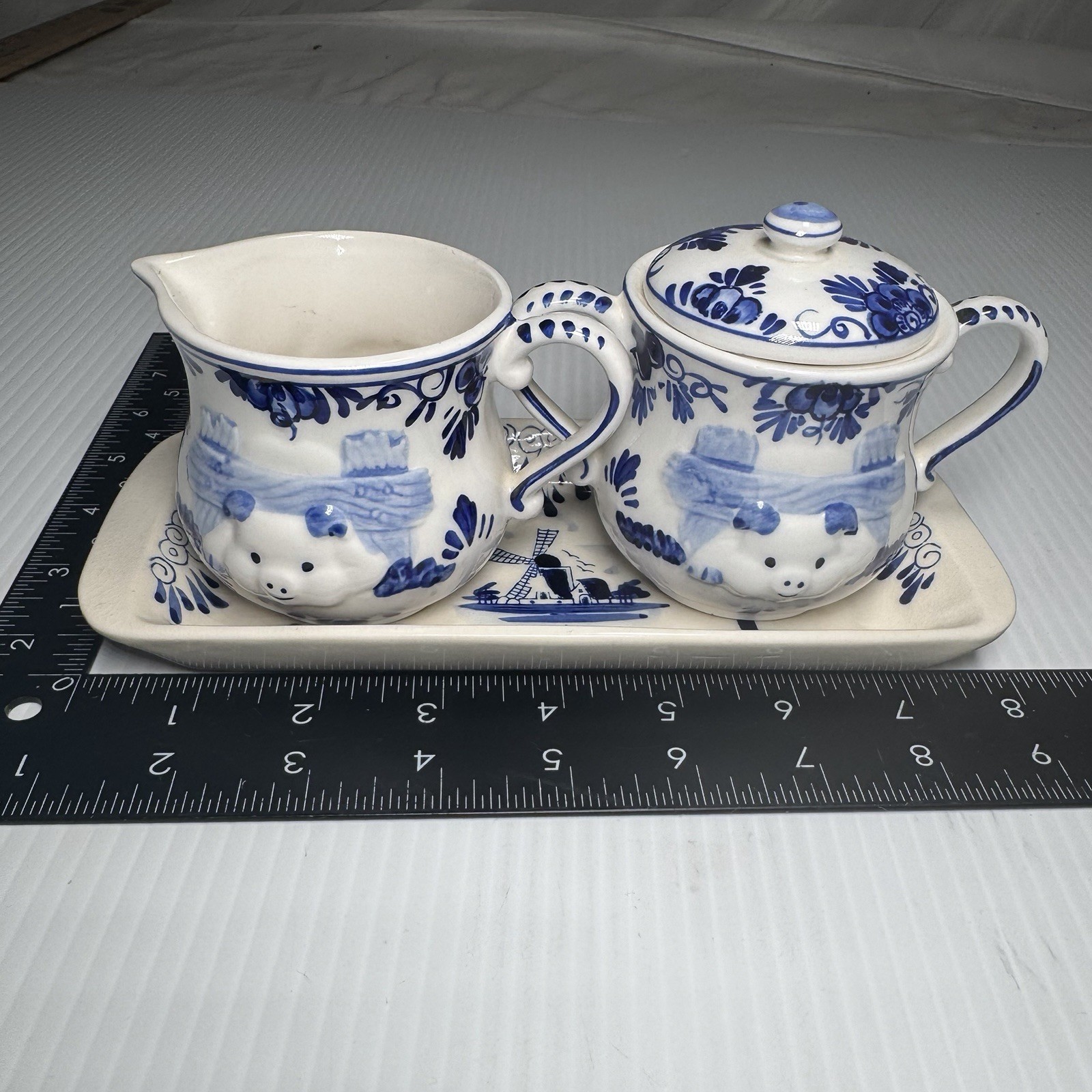 3Pcs Vintage Delft Windmill Hand Painted - Butter Dish, Sugar w Lid, Creamer