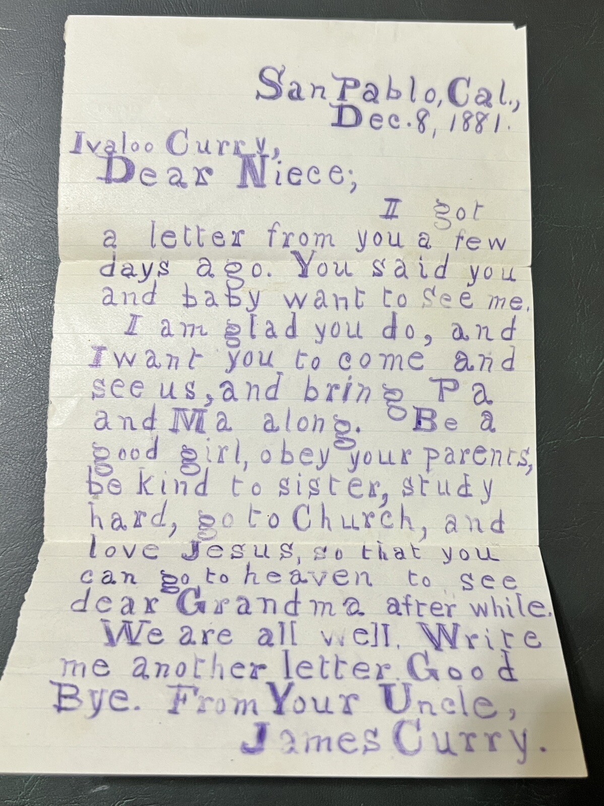 1881 PURPLE HANDWRITTEN LETTER SAN PABLO CALIFORNIA FROM UNCLE JAMES CURRY