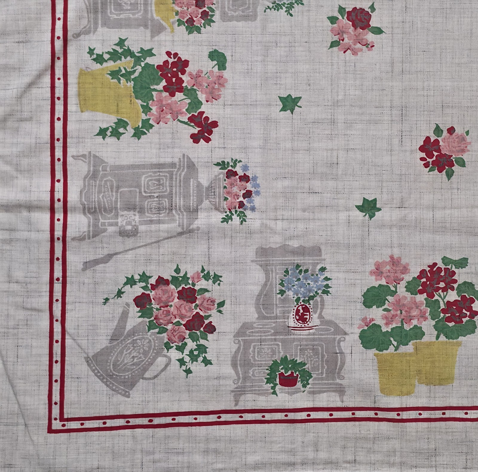 1950s SIMTEX Hand Printed Tablecloth Geraniums Wood Stove 42x48 Memories Vintage
