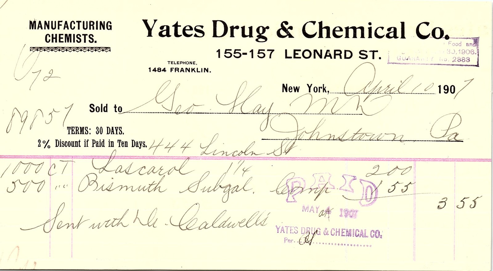 Vintage 1907 Yates Drug & Chemical Co. Billhead