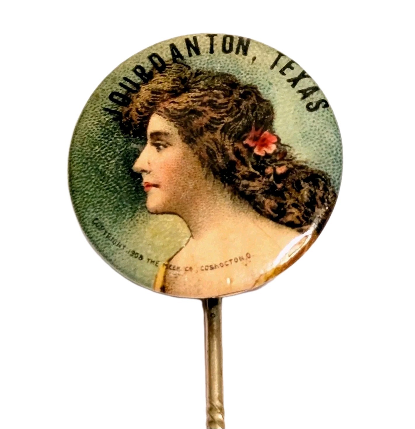 1908/1909 Meek Co Pinback Jourdanton Texas Inception Gibson Girl Stick Pin Rare