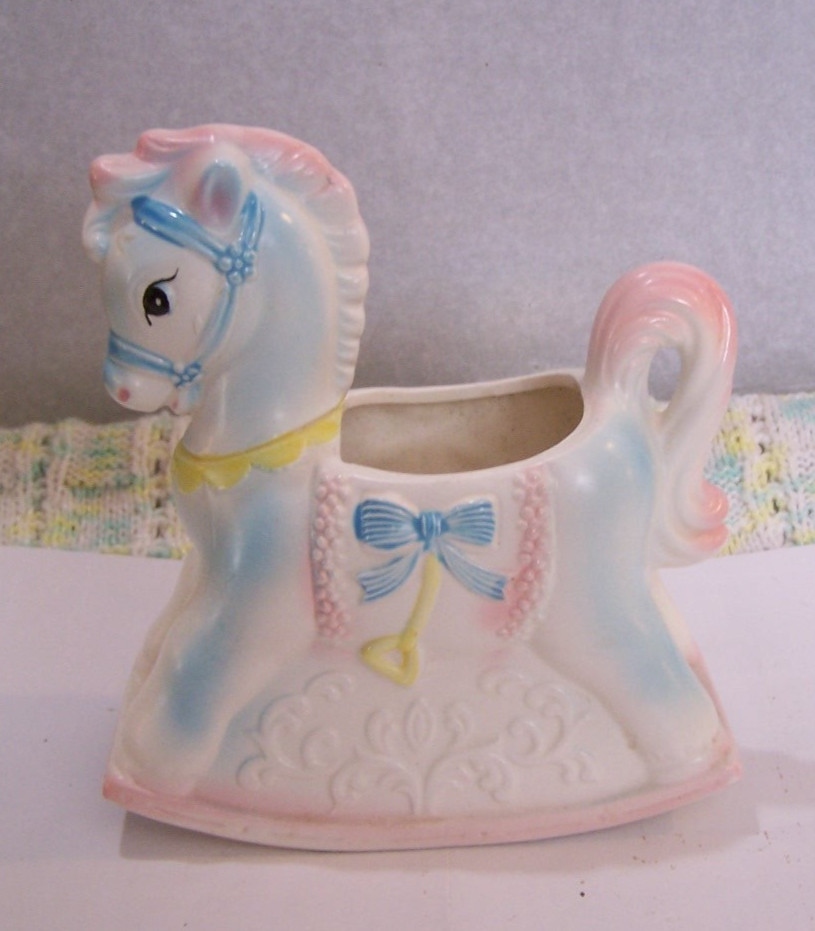 ​Vintage Rubens Japan Rocking Horse Planter 636M Pastel Pink Blue Baby Nursery