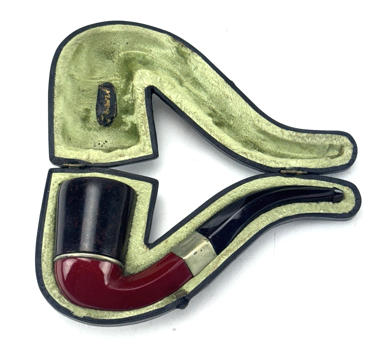 Vintage FRANK Bakelite Bent Briar & Red Amber Estate Smoking Pipe w/ Case