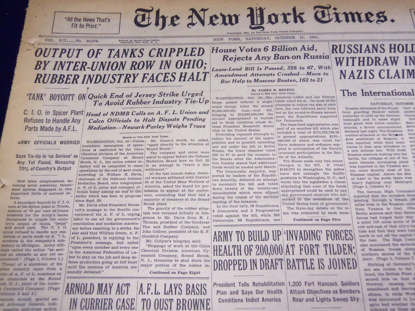 1941 OCT 11 NEW YORK TIMES - OUTPUT OF TANKS CRIPPLED RUBBER INDUSTRY - NT 1370