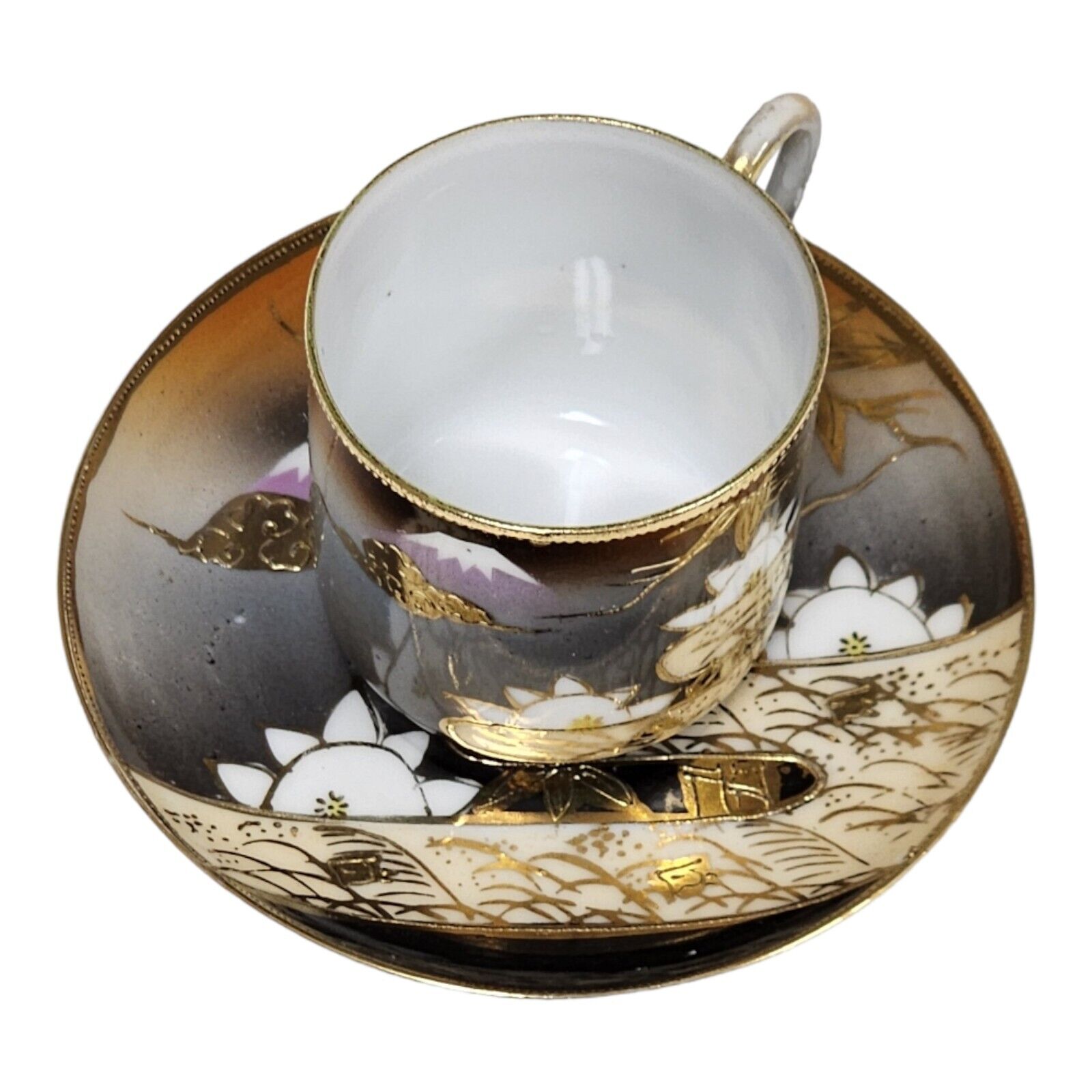 Mt Fuji Porcelain Cup & Saucer Demitasse Gold Gilded Artisan Japanese Tea Set