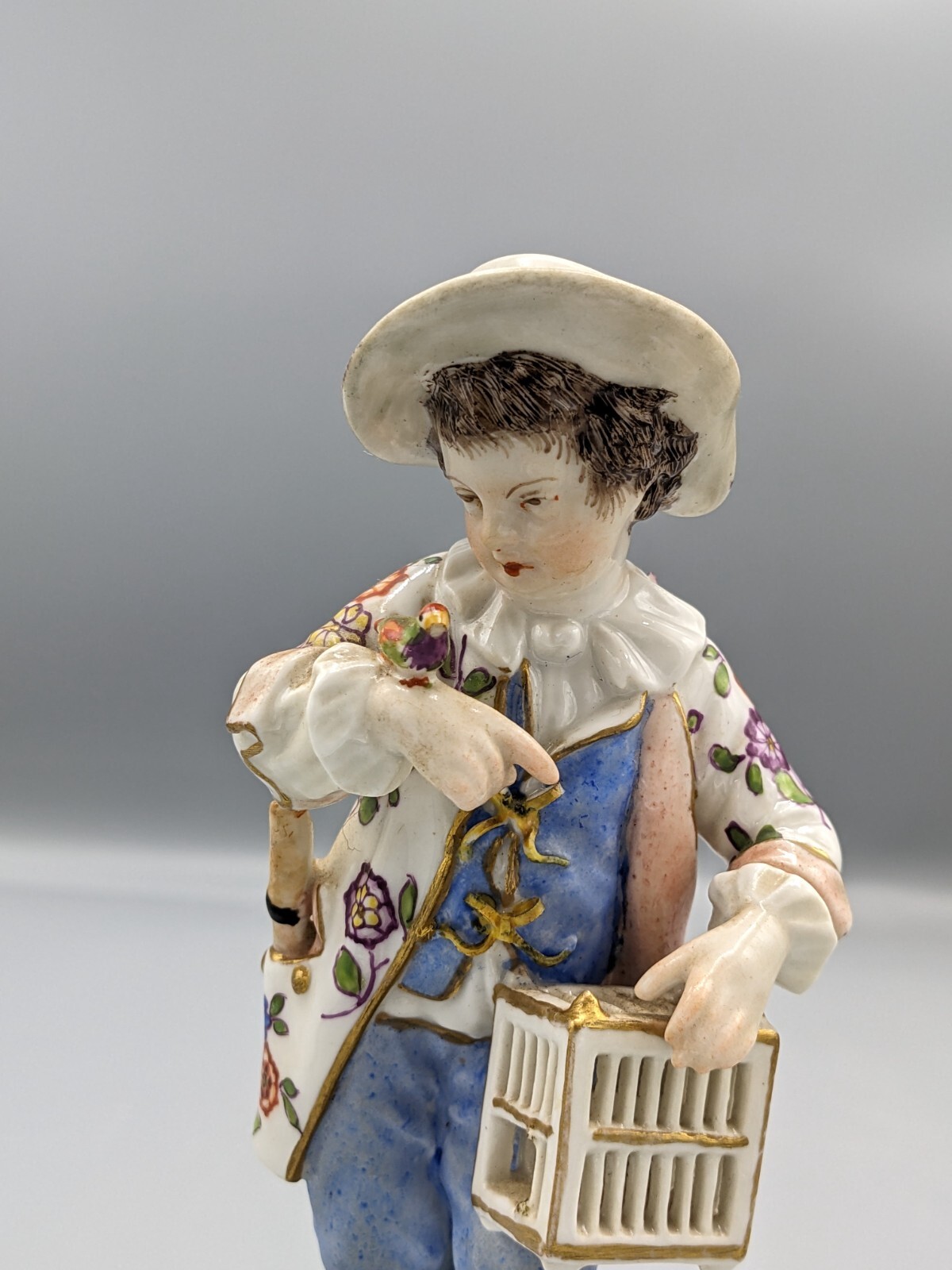 1900s Antique German KPM Berlin Scepter Mark Boy W Bird Porcelain Figurine 6