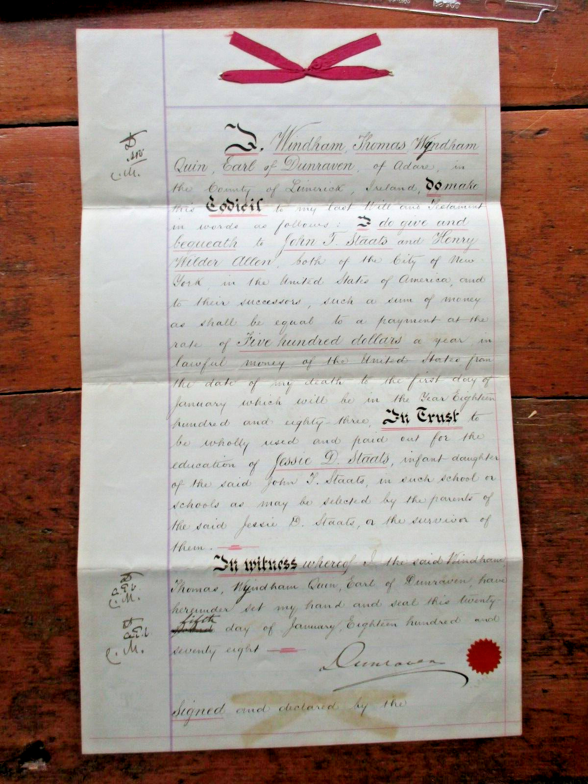 1878 SIGNED CODICIL 4TH EARL OF DUNRAVEN MOUNT EARL VISCOUNT ADARE IRISH POLITIC
