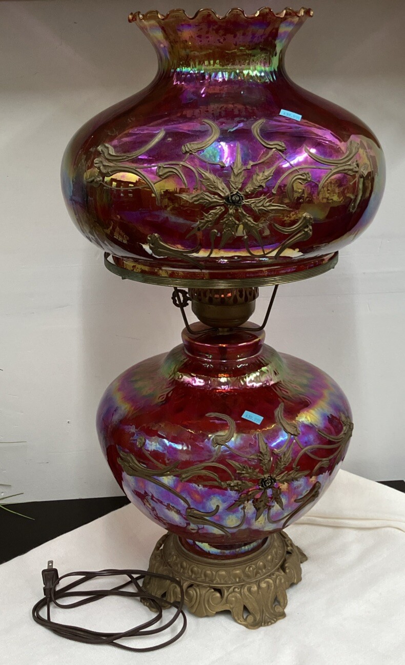 Vintage Opalescent Glass Ornate Lamp Cranberry Hurricane