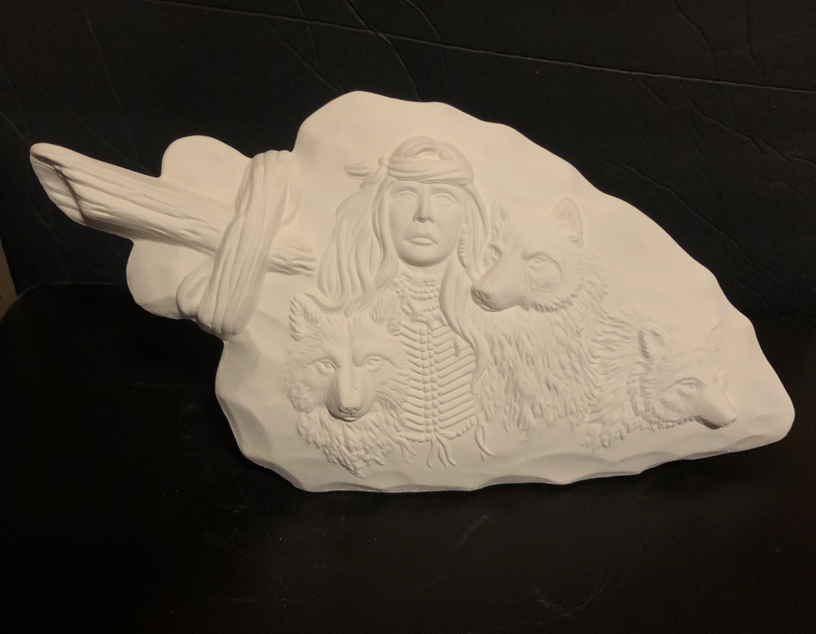 Vintage Ceramic Bisque Arrowhead Statue Figurine With Native American & Wolves