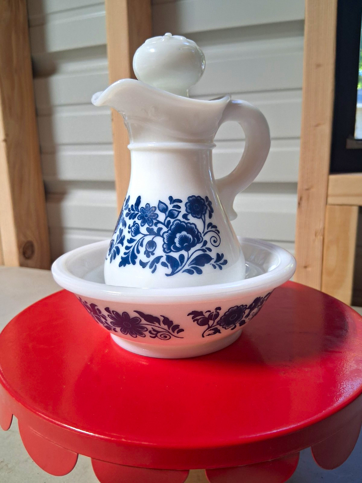 White & Blue Floral Glossy Ceramic Pitcher w/ Lid & Handle + Bowl 2pc