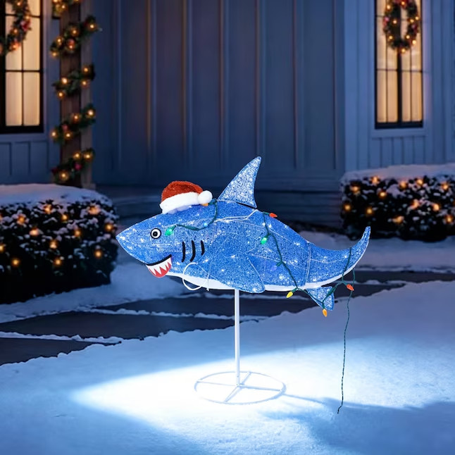 3 FT LED SHARK IN SANTA HAT TINSEL LIGHTED OUTDOOR YARD DECOR
