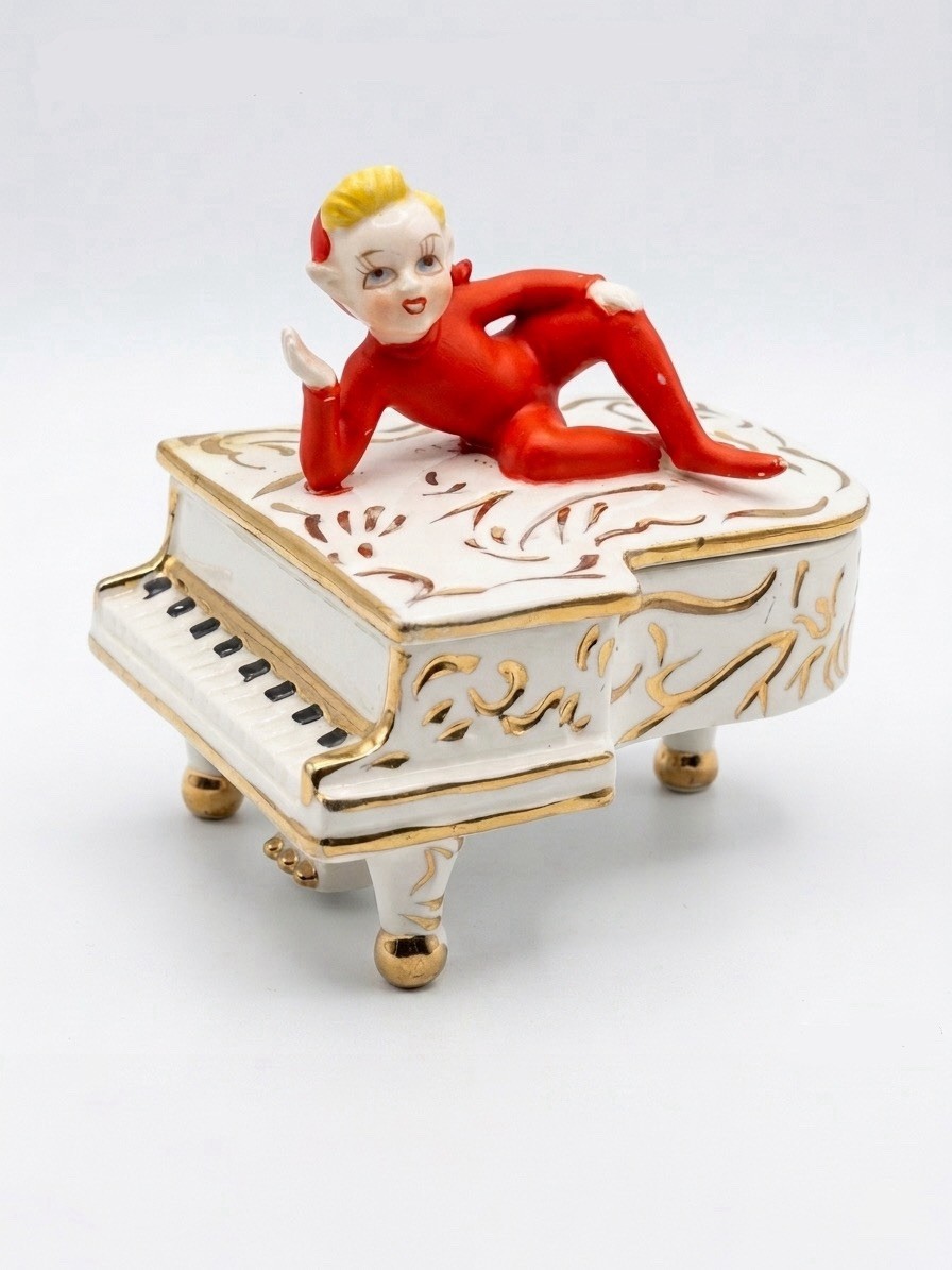Vintage MCM Christmas Pixie Elf On Grand Piano Trinket Dish Red Lipper & Mann