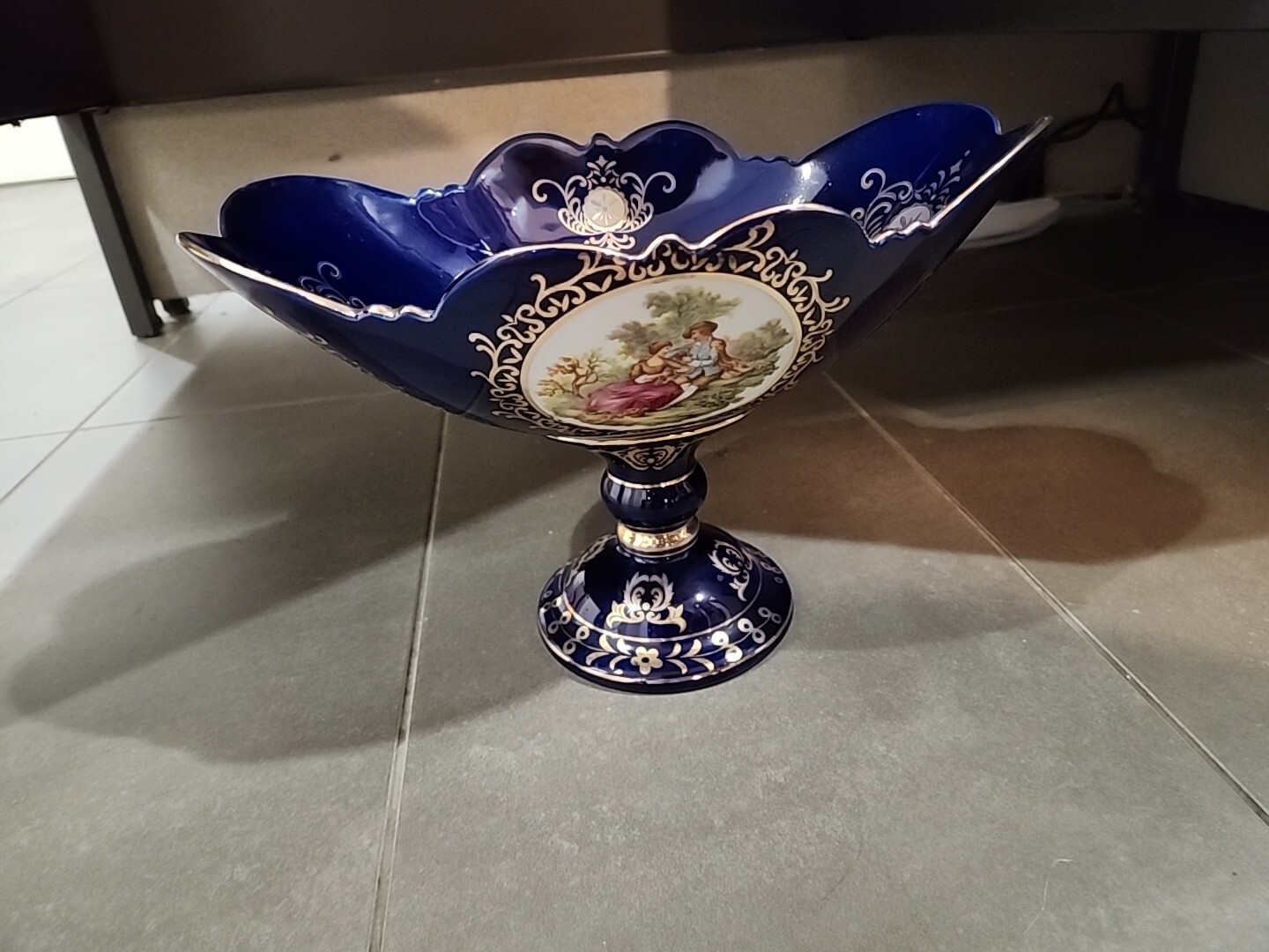 LEMOGE DESIGN COBALT BLUE/GOLD PEDESTAL COMPOTE BOWL VINTAGE