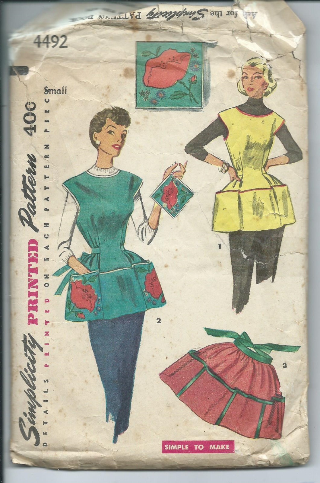 S 4492 sewing pattern 50's Cobbler Half APRONS Pot Holder *UNUSED Poppy TRANSFER