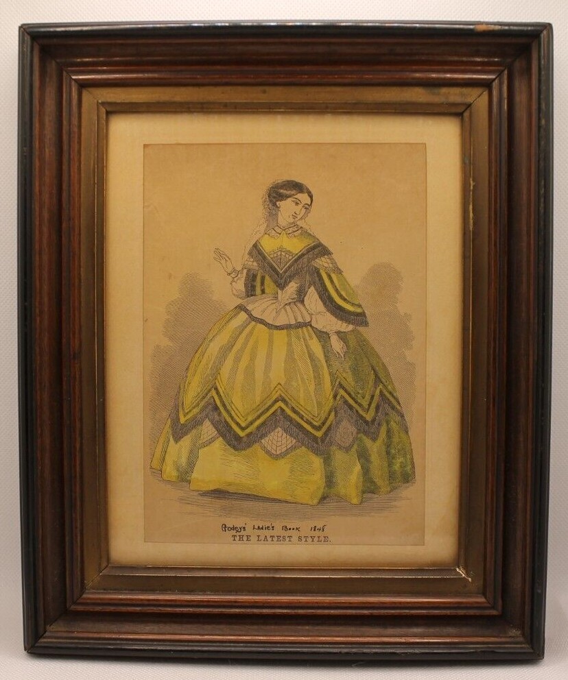 Framed Antique Engraving Print Woman from Godey\'s Lady\'s Book 1848 Fashion Dress