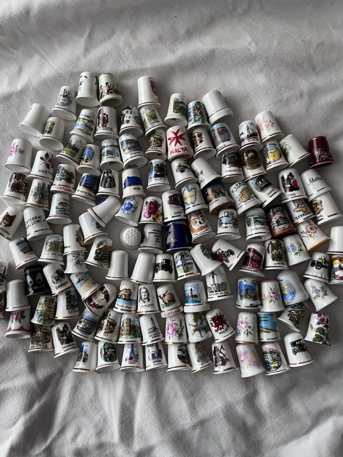 121 Vintage Collectable Porcelain & Bone China Souvenir Thimbles Mixed Job Lot