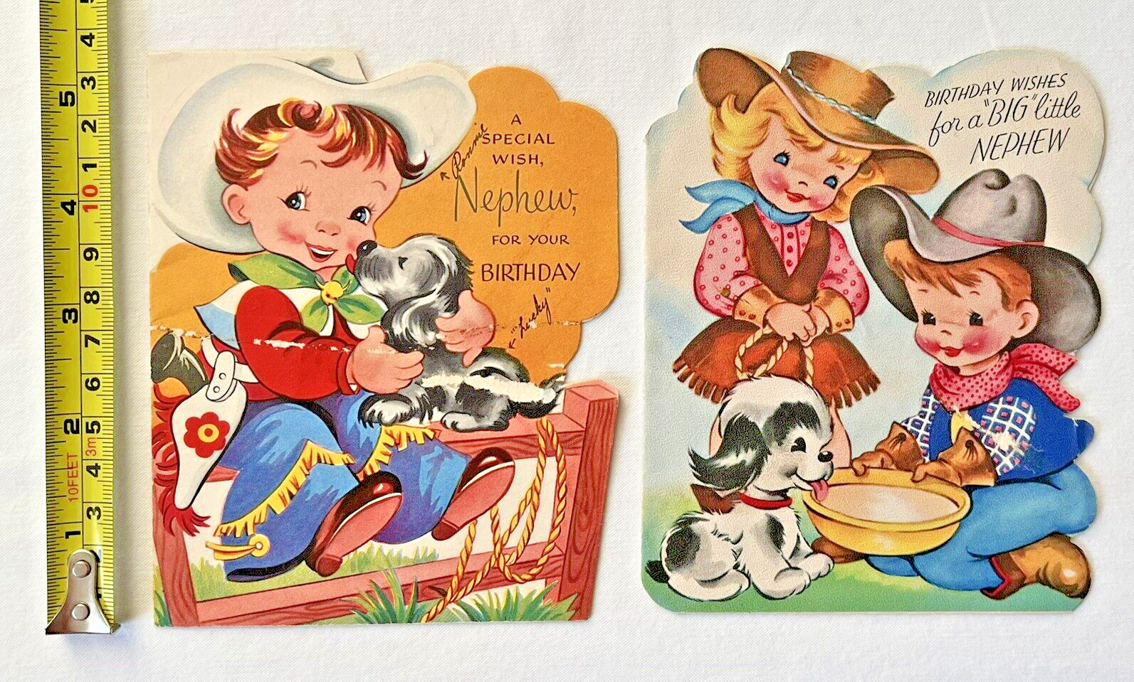 Vintage Lot 2 Birthday 50's Cowboy Cowgirl Puppy Card Die Cut Crafting Cute