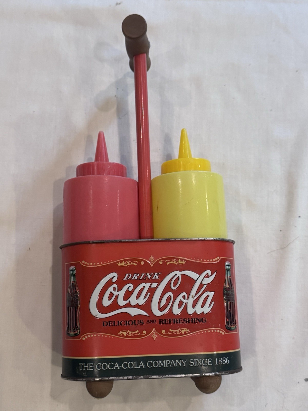 Vintage Coca-Cola Metal Condiment Caddy Holder Carrier w/ Squeeze Bottles Retro