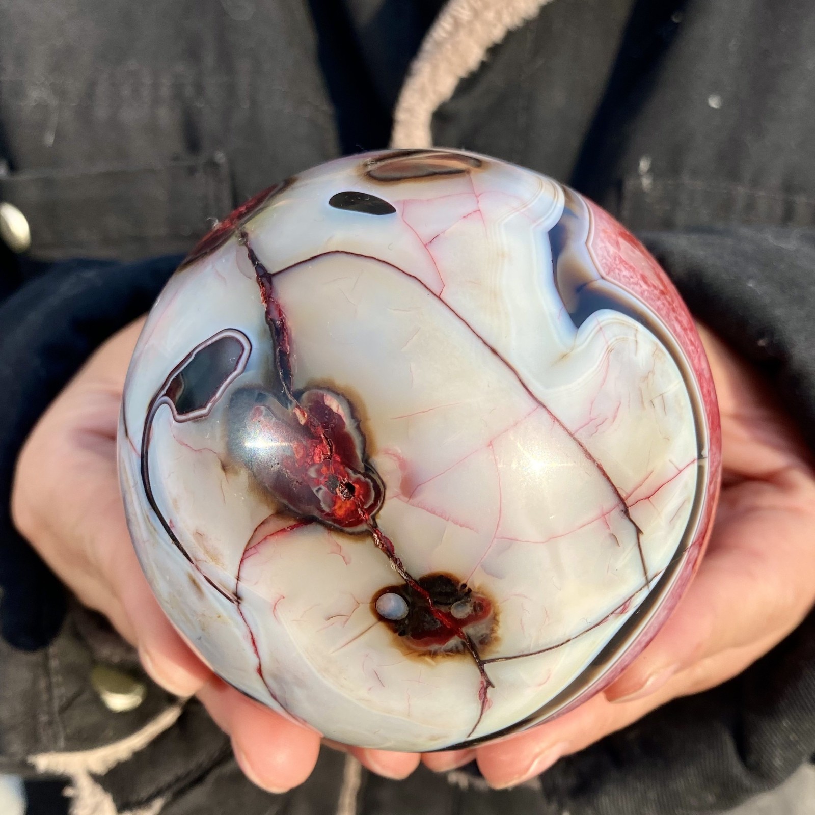 2.3LB Natural red agate crystal polished fish eye stone ball