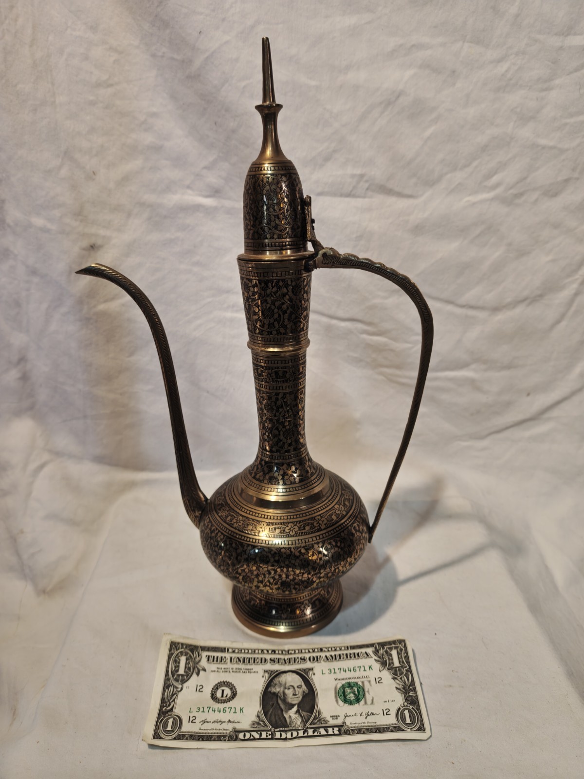 Vintage Etched Brass Aftaba Ewer Islamic Pitcher Champleve Enamel India 15\