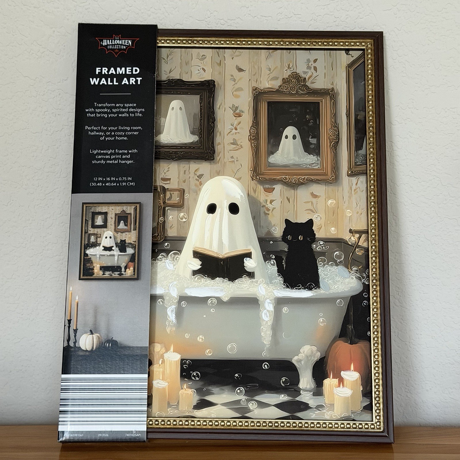 Aldi Halloween Ghost Reading Book in Bathtub with Black Cat Framed Wall Art NIB Aldi Halloween Ghost Reading Book in Bathtub with Black Cat Framed Wall Art NIB