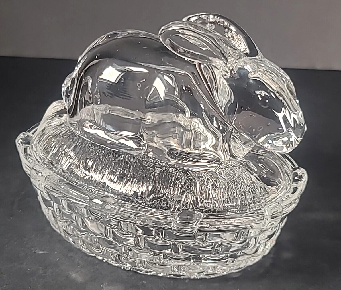 Crystal Glass Easter Bunny Basket Covered Candy Dish VTG Nostalgia 4.5X4\