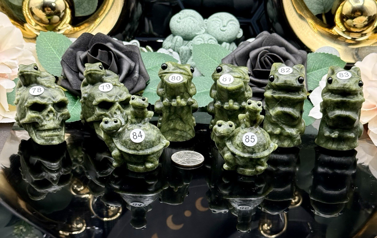 Natural Green Jade Whimsical Carvings Skulls frogs lizards you choose. 
