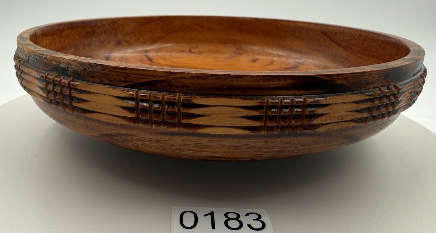 Vintage Hand Carved Wood Bowl Large Shallow Fruit Serving Bowl Woven Band 12\