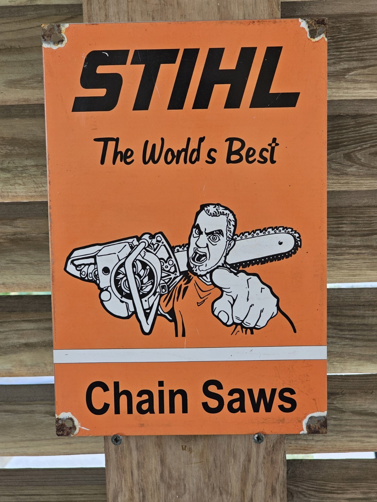 VINTAGE STIHL THE WORLD\'S BEST CHAINSAW PORCELAIN SIGN 12\