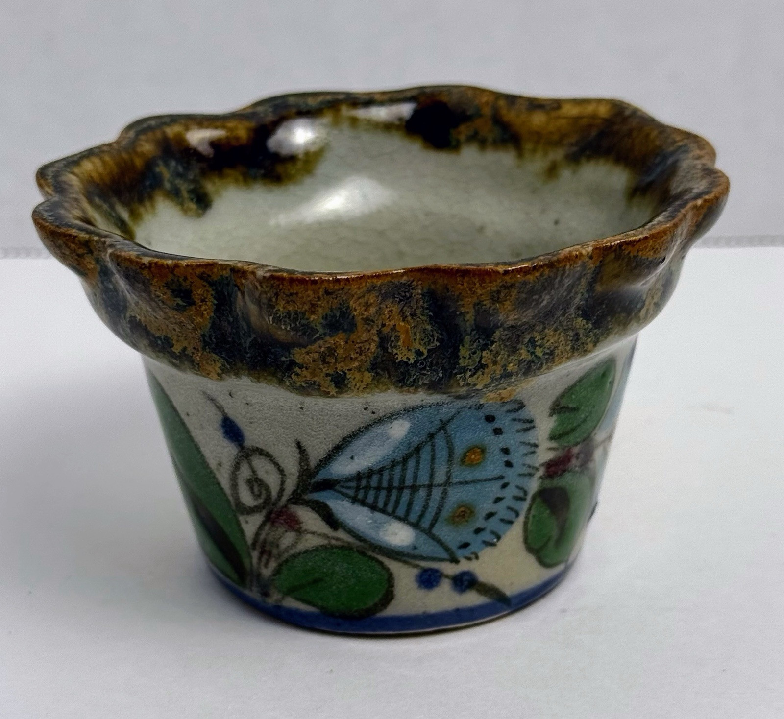Signed Tonala Pottery 2” X 3” Planter Pot Bowl Butterflies Butterfly Mexico