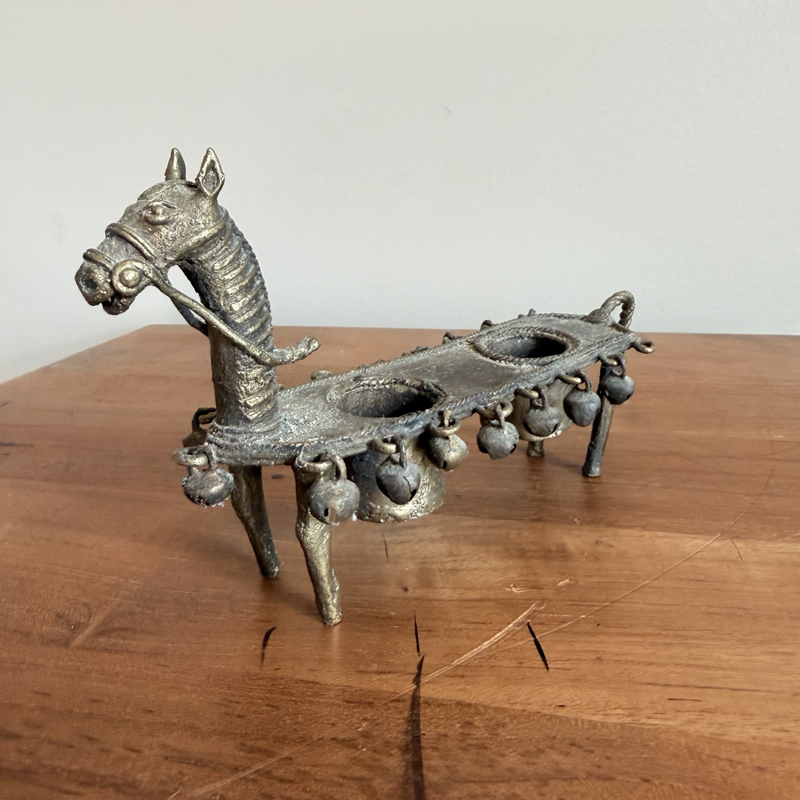 Vintage Ashanti Sculpture Primitive Bronze Figural Horse Candleholder Bells 7