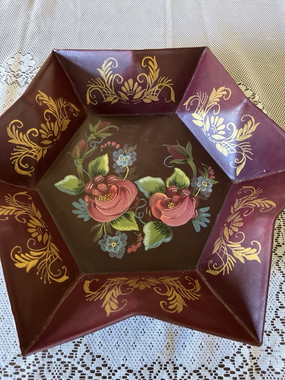 Vintage Hand Painted Tole Painted Metal Bowl Tray Beautiful