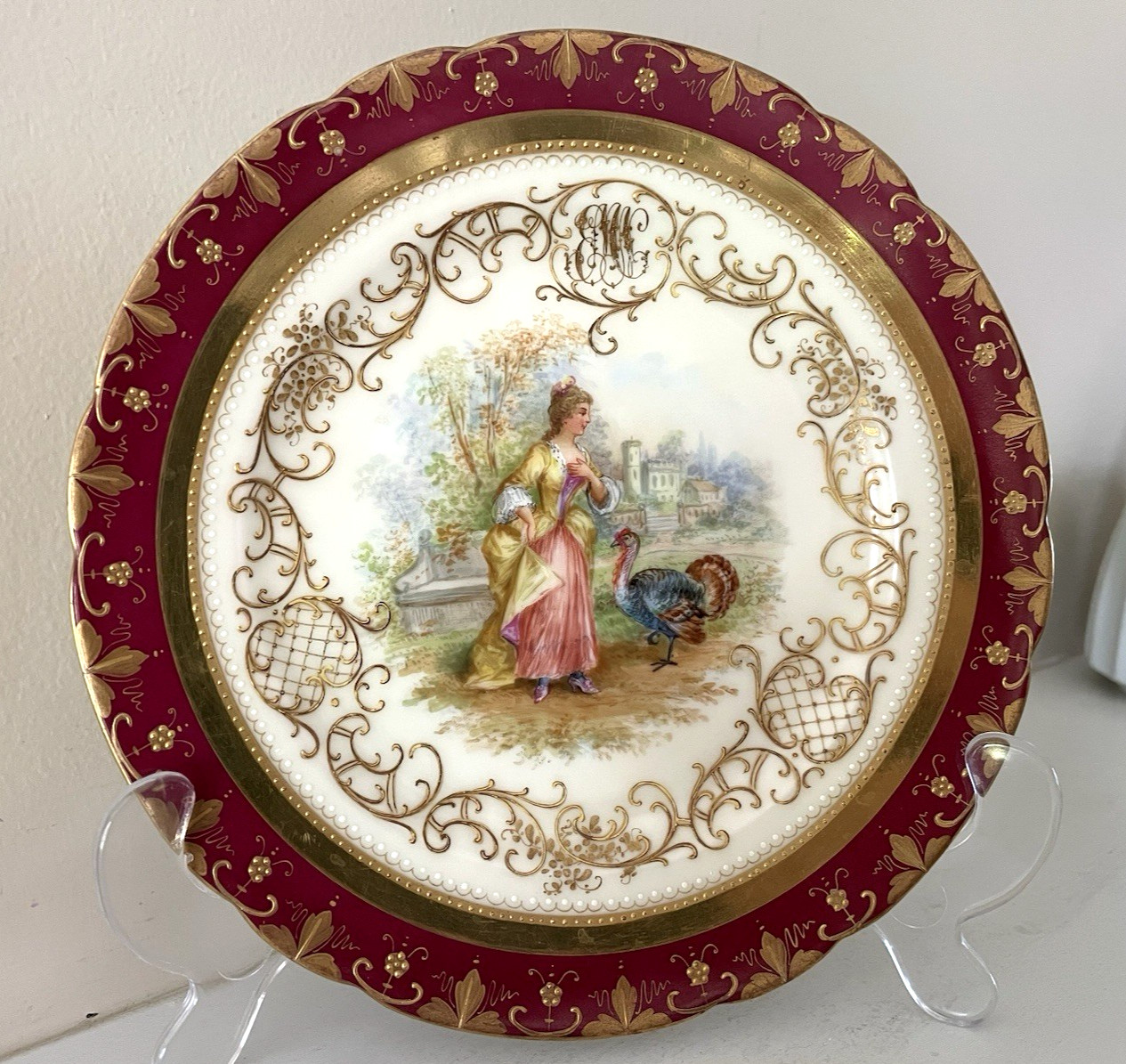 Rare Atq Ambrosius Lamm Dresden Plate Monogram Jeweled Gold Encrusted 7 3/4