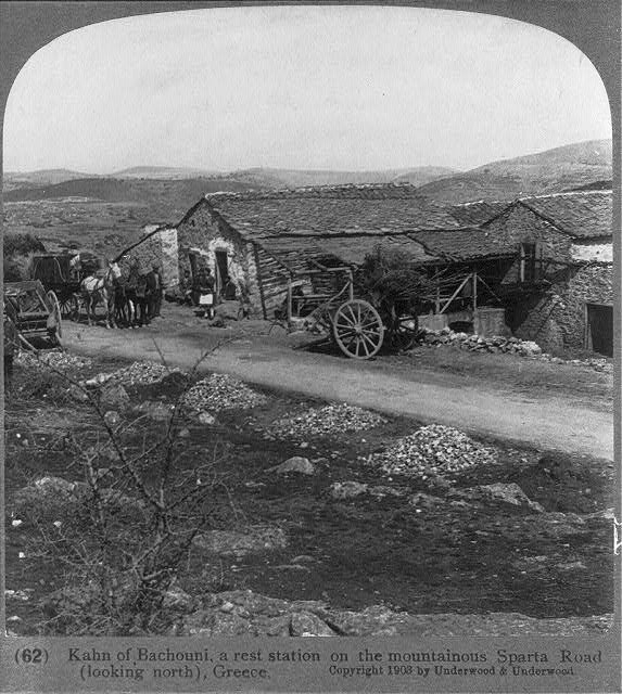 Greece Sparta Road Kahn of Bachouni Rest Station c1903 Horses Stereograph