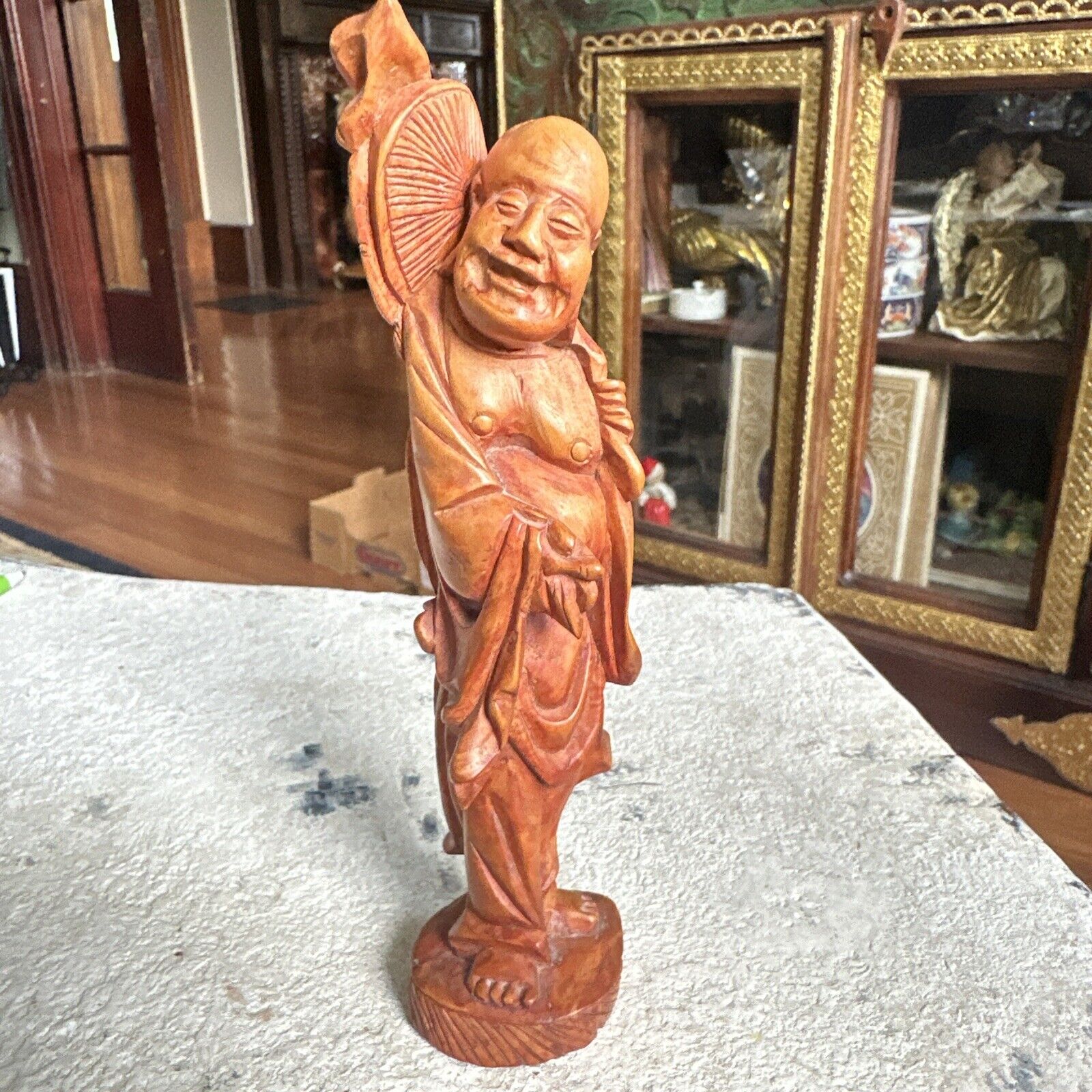 Antique Hand Carved Rosewood Asian Figure of a Laughing Buddha Smiling 6.5”