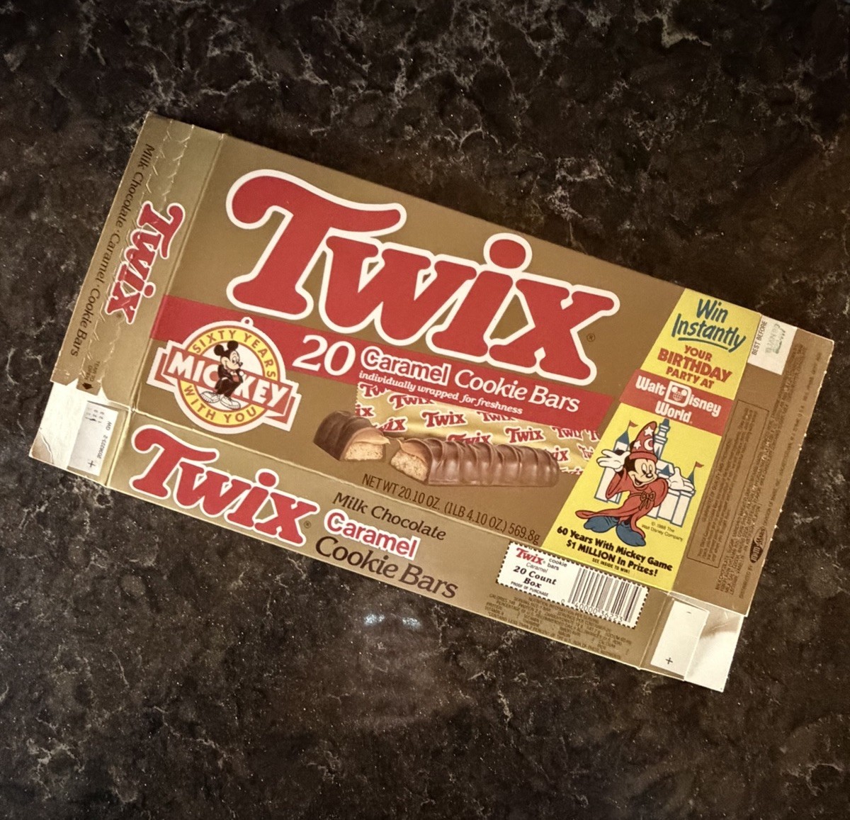 Vintage 1988 TWIX COOKIE CANDY BAR Box w/ Mickey Mouse Magic Moments Mobile Back