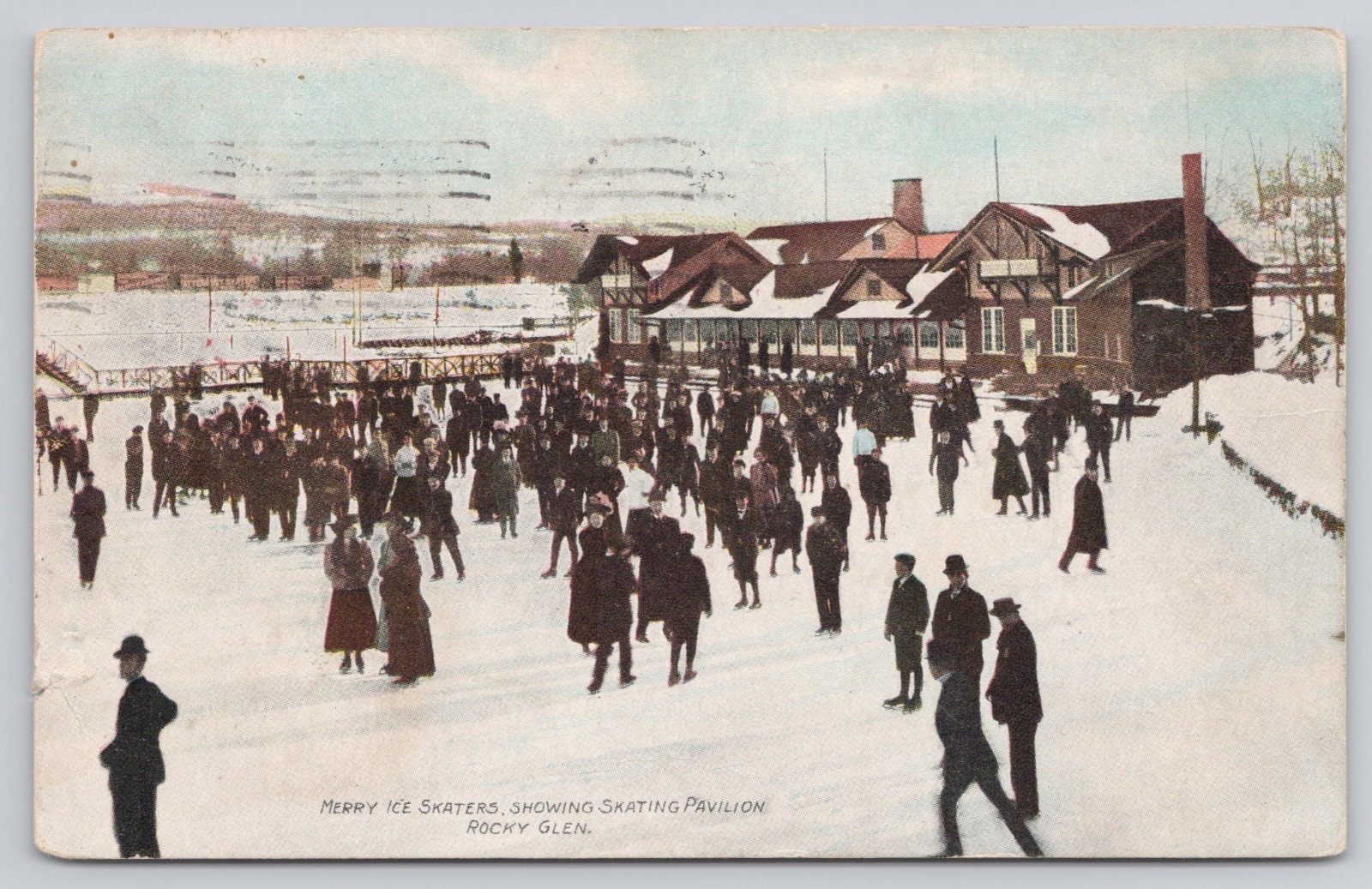Merry Ice Skaters Showing Skating Pavilion Rocky Glen Moosic PA 1910 Postcard